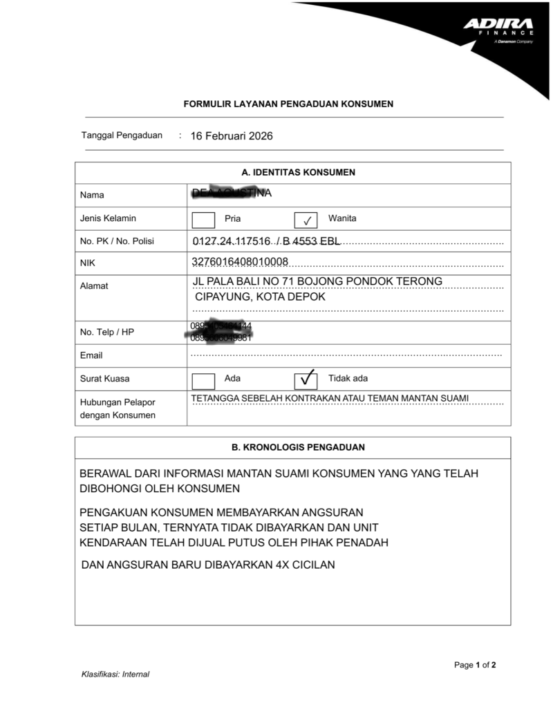 Foto : Lapdu (Laporan Aduan Masyarakat) ke Adira Cabang Cibinong 