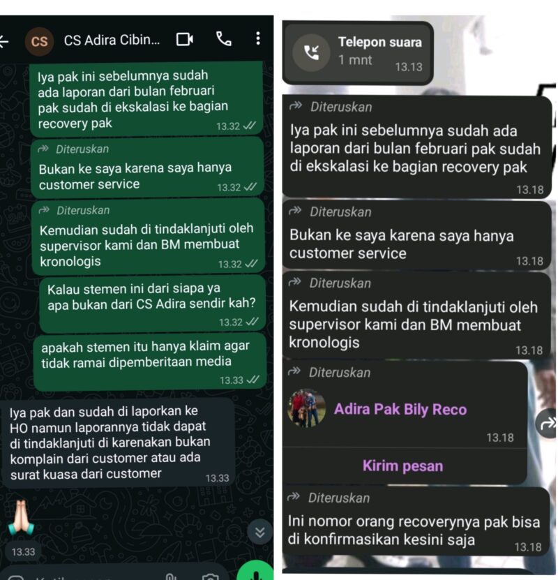 Foto : Bukti Chat Wartawan dengan Customer Servise Adira Cibinong 